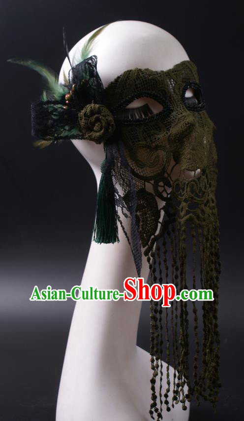 Handmade Deluxe Atrovirens Tassel Face Mask Halloween Stage Performance Blinder Headpiece Cosplay Party Lace Feather Mask