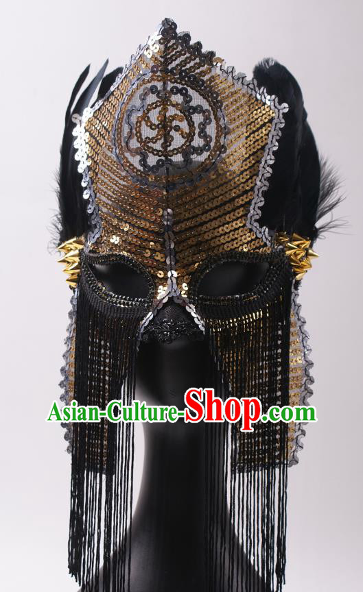Cosplay Party Gold Sequins Mask Handmade Deluxe Tassel Face Mask Halloween Stage Performance Feather Headpiece