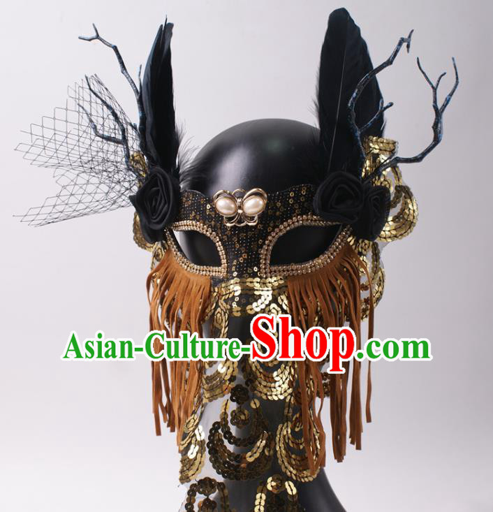 Handmade Deluxe Brown Tassel Face Mask Halloween Stage Performance Feather Headpiece Cosplay Party Sequins Mask