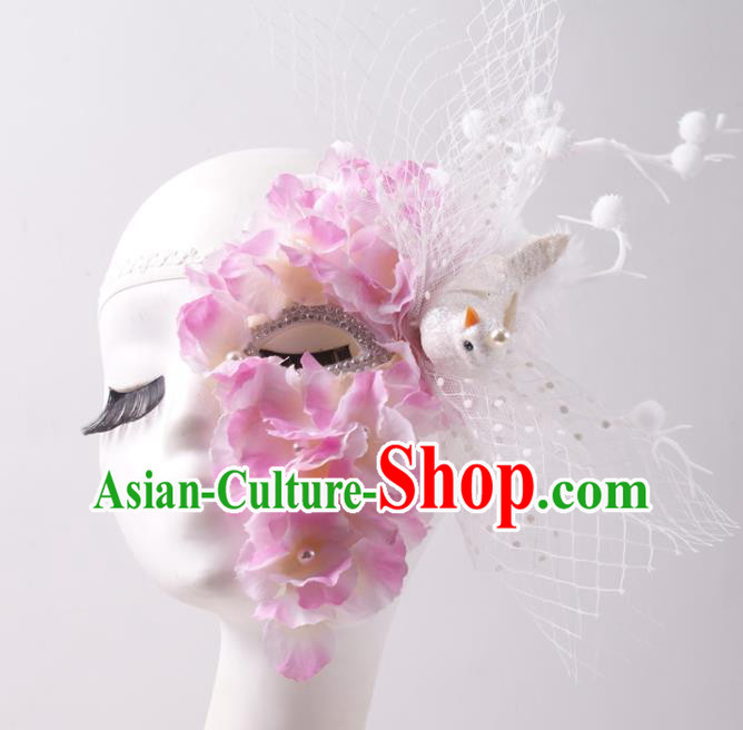Cosplay Party White Veil Mask Halloween Handmade Half Face Mask Stage Performance Pink Silk Flowers Headpiece