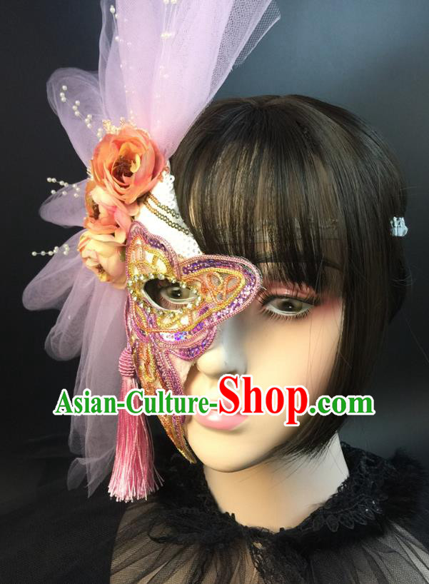 Halloween Handmade Half Face Mask Stage Performance Blinder Headpiece Cosplay Party Purple Sequins Butterfly Mask