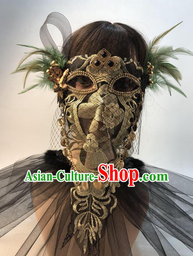 Cosplay Party Golden Lace Mask Halloween Handmade Feather Full Face Mask Stage Performance Headpiece