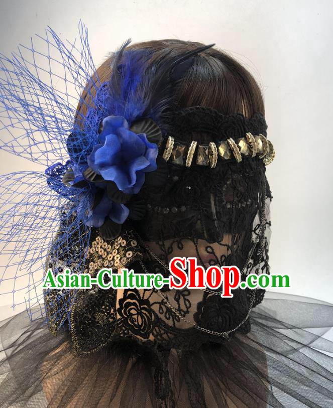 Stage Performance Headpiece Cosplay Party Veil Mask Halloween Handmade Blue Flower Face Mask