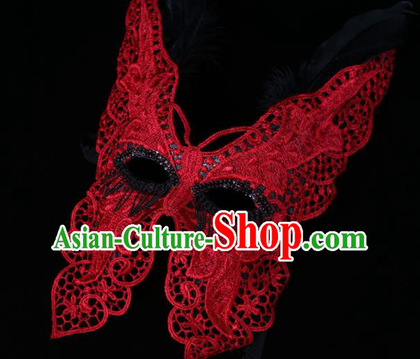 Handmade Carnival Red Lace Butterfly Face Mask Stage Performance Headpiece Halloween Cosplay Party Full Mask