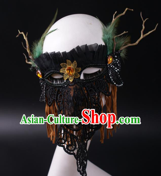 Handmade Halloween Cosplay Party Black Lace Mask Carnival Feather Branch Face Mask Stage Performance Headpiece