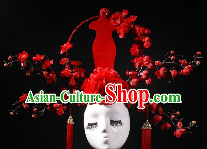 China Catwalks Red Qipao Dress Hair Crown Giant Hair Accessories Stage Show Headdress