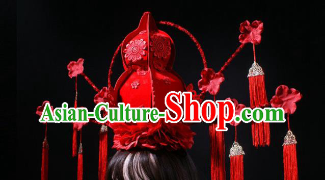 China Stage Show Headdress Catwalks Red Gourd Tassel Hair Crown Traditional Wedding Giant Hair Accessories