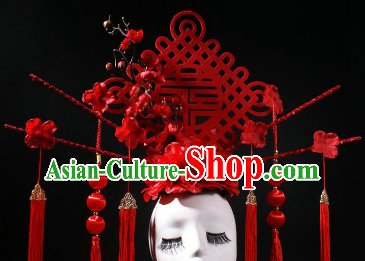 China Catwalks Red Knot Tassel Hair Crown Traditional Wedding Giant Hair Accessories Stage Show Headdress