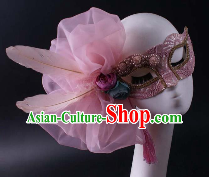 Handmade Carnival Veil Face Mask Stage Performance Blinder Headpiece Halloween Cosplay Party Pink Feather Mask