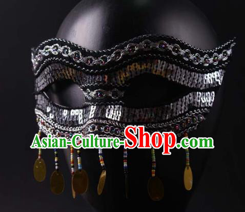 Professional Stage Performance Grey Sequins Face Mask Rio Carnival Headwear Halloween Party Male Cosplay Mask
