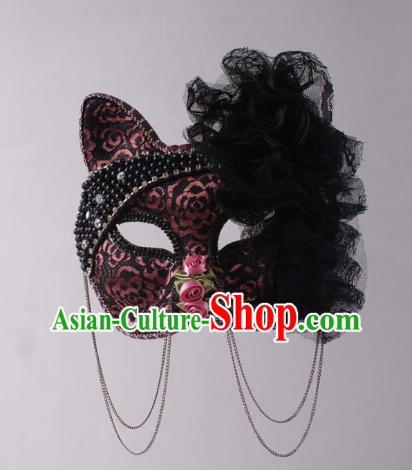 Handmade Carnival Black Lace Flowers Face Mask Stage Performance Headpiece Halloween Cosplay Party Leopard Cat Mask