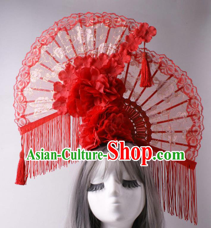 China Stage Show Red Lace Fan Headdress Catwalks Peony Tassel Hair Crown Traditional Wedding Giant Hair Accessories