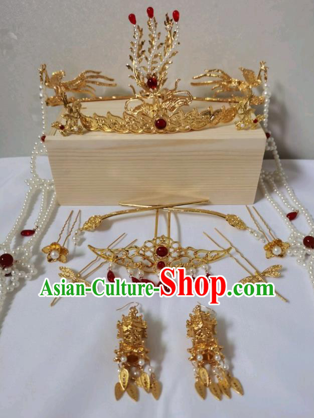 China Ancient Queen Golden Phoenix Hair Crown Ming Dynasty Empress Tassel Hairpin Traditional Hanfu Hair Accessories Full Set