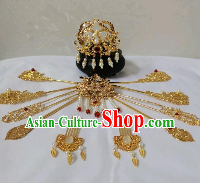China Tang Dynasty Empress Hairpins Traditional Hanfu Hair Accessories Ancient Queen Golden Phoenix Hair Crown Full Set