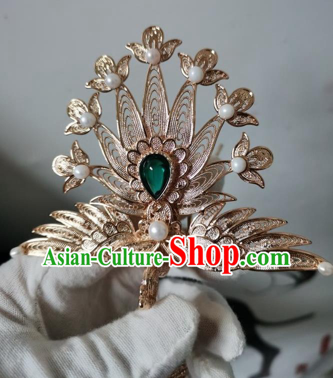 China Ancient Court Woman Hair Accessories Ming Dynasty Empress Golden Phoenix Hair Crown Traditional Hanfu Hairpin