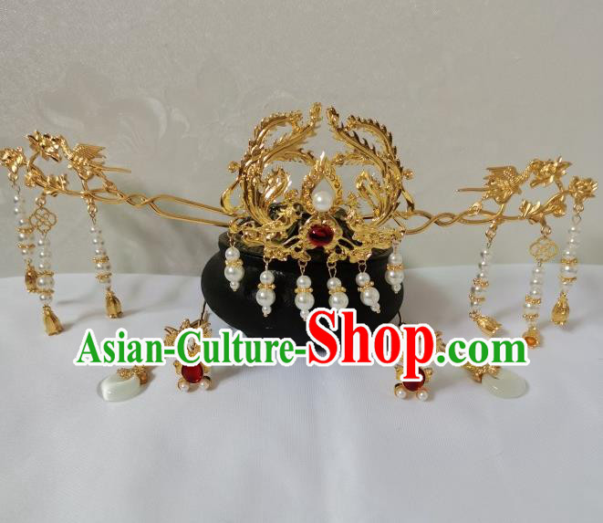 China Ancient Princess Golden Phoenix Hair Crown Ming Dynasty Palace Lady Hairpins Traditional Hanfu Hair Accessories Full Set