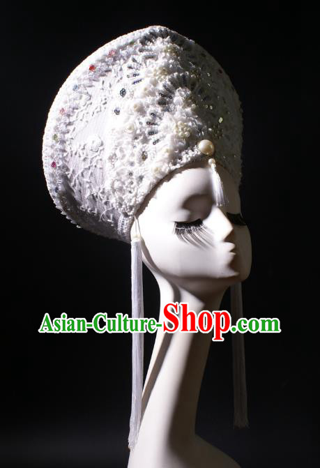 Top Rio Carnival Decorations Halloween Cosplay Queen White Pearls Hat Stage Show Royal Crown Baroque Giant Headdress