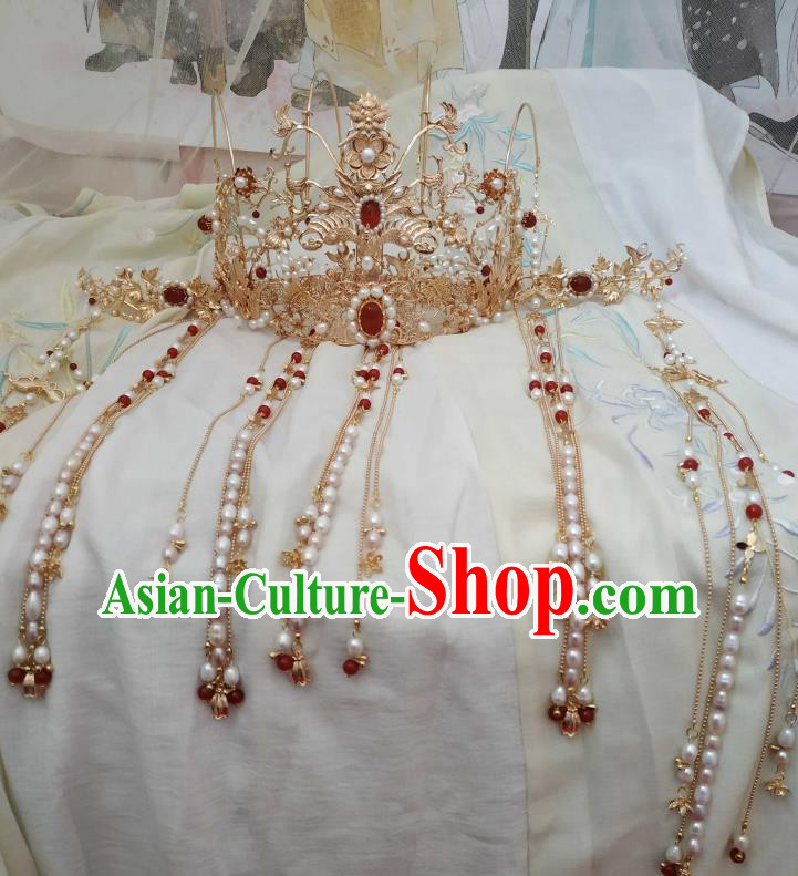 China Traditional Wedding Hair Accessories Ancient Queen Hanfu Hairpin Ming Dynasty Golden Tassel Hair Crown