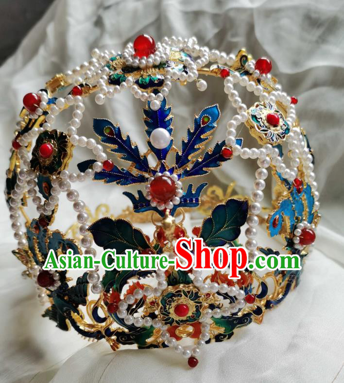 China Ancient Empress Blueing Phoenix Hairpin Traditional Hanfu Hair Accessories Ming Dynasty Court Pearls Hair Crown