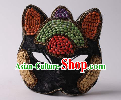 Handmade Carnival Colorful Beads Full Face Mask Stage Show Headpiece Halloween Cosplay Party Woman Black Lace Cat Mask