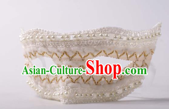 Handmade Halloween Cosplay Party Woman White Lace Mask Carnival Pearls Face Mask Stage Show Headpiece