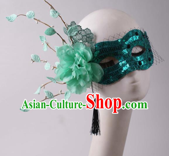 Handmade Stage Show Blinder Headpiece Halloween Cosplay Party Woman Silk Peony Mask Carnival Green Sequins Face Mask
