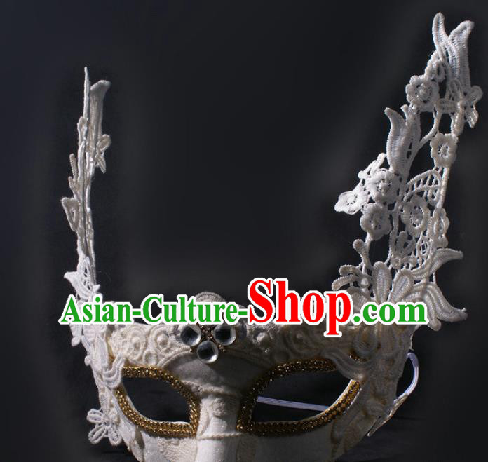 Professional Stage Performance Face Mask Rio Carnival Blinder Headwear Halloween Party Male Cosplay White Lace Mask