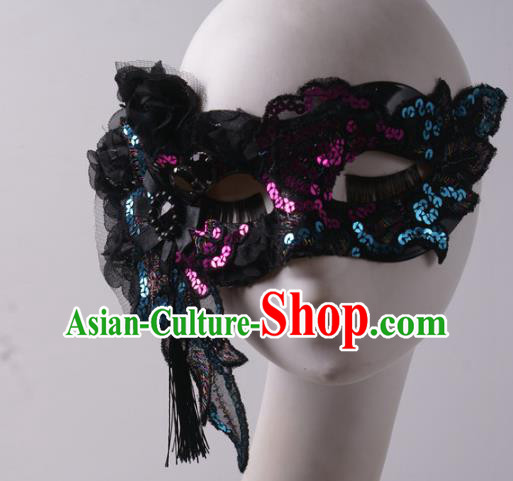 Handmade Stage Show Sequins Headpiece Halloween Cosplay Party Black Blinder Mask Costume Ball Female Face Mask