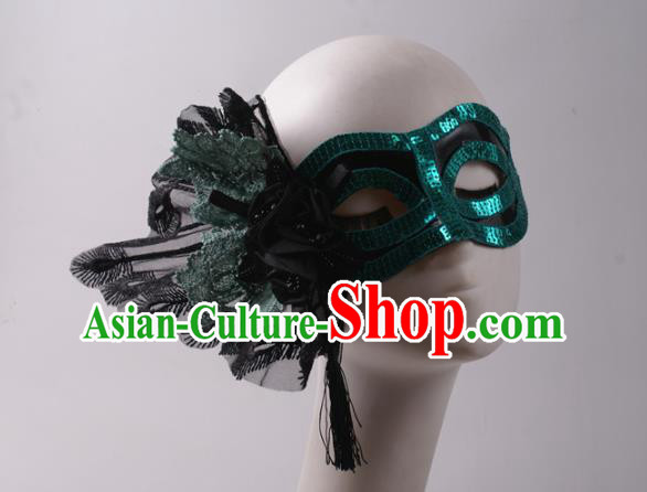 Handmade Halloween Cosplay Party Blue Sequins Blinder Mask Costume Ball Lace Peacock Face Mask Stage Show Headpiece