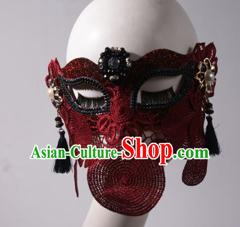 Handmade Costume Ball Wine Red Face Mask Stage Show Headpiece Halloween Cosplay Party Woman Mask
