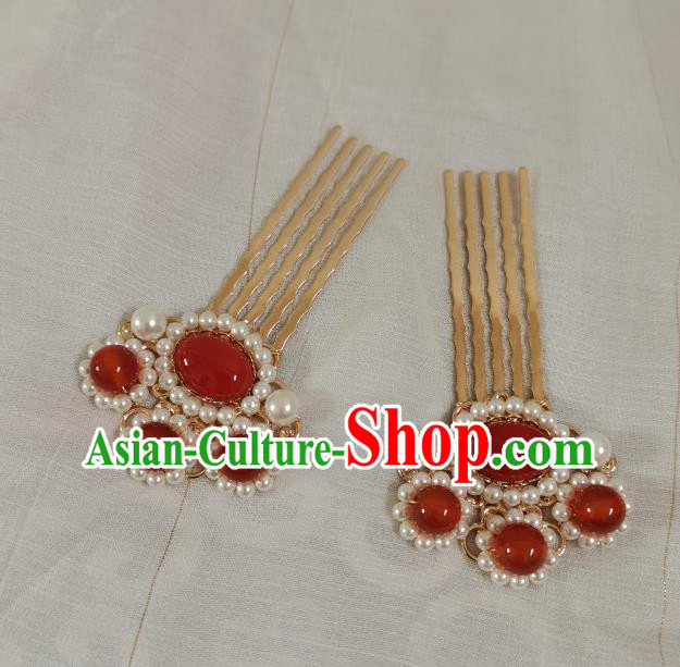 China Ming Dynasty Golden Hair Comb Traditional Ancient Empress Pearls Hair Accessories