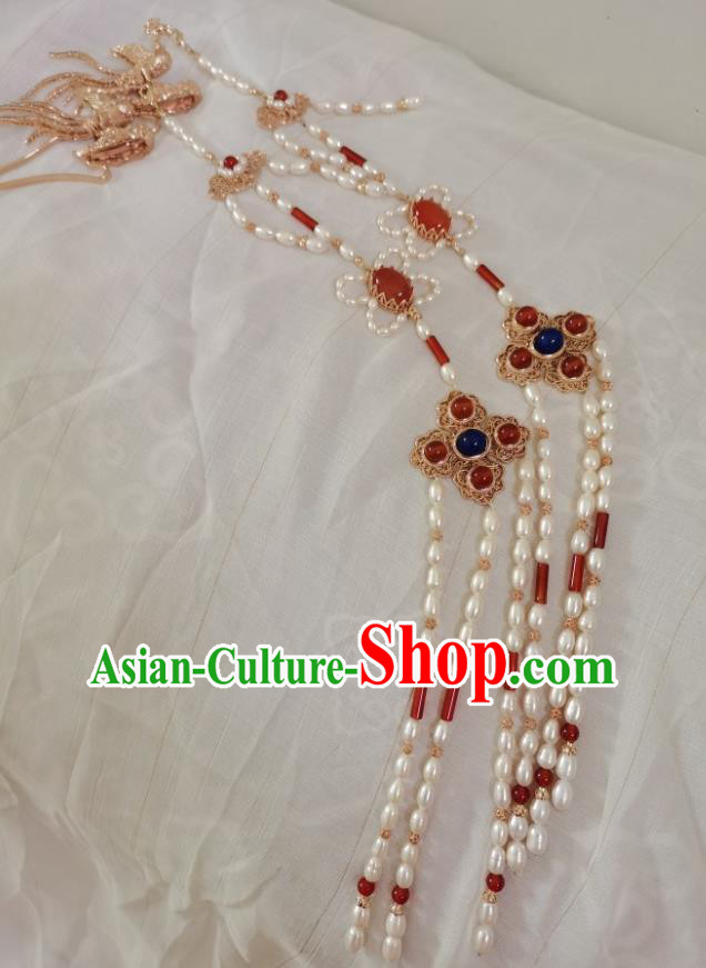 China Ming Dynasty Golden Phoenix Hair Stick Traditional Ancient Empress Hair Accessories Pearls Tassel Hairpin