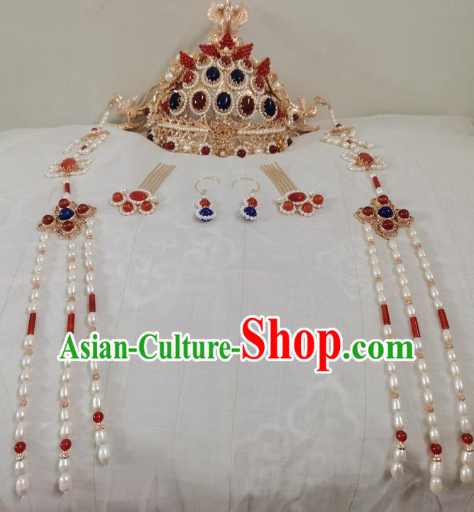 China Ming Dynasty Empress Gems Hair Crown Traditional Ancient Royal Queen Hair Accessories Golden Phoenix Coronet
