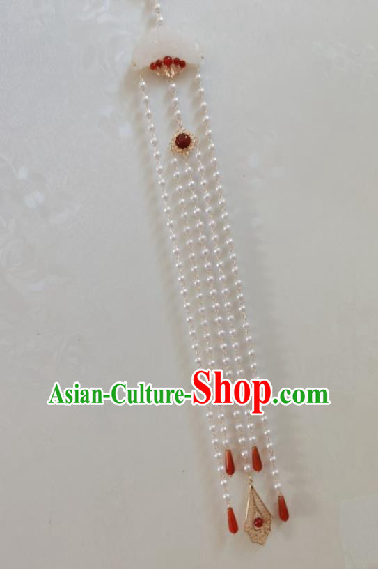 Handmade Chinese Traditional Qing Dynasty Empress Jade Pendant Accessories Ancient Imperial Concubine Pearls Tassel Brooch