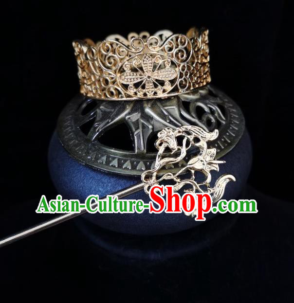 Chinese Ancient Nobility Childe Headwear Traditional Tang Dynasty Prince Golden Hair Crown and Hairpin