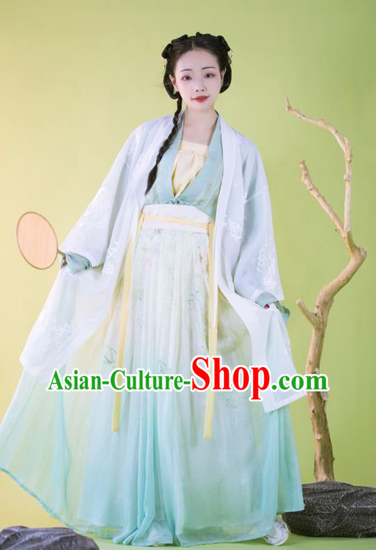 Traditional China Song Dynasty Young Beauty Historical Clothing Ancient Nobility Lady Blue Hanfu Dress Garments