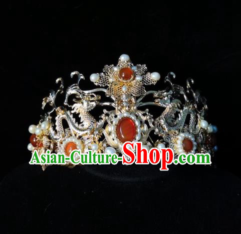 China Traditional Hanfu Tassel Hair Crown Ancient Court Woman Hair Accessories Ming Dynasty Empress Golden Dragon Hair Clasp