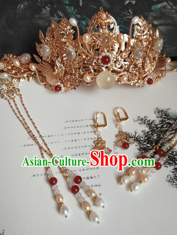 China Ancient Empress Tassel Hairpins Traditional Hanfu Hair Accessories Ming Dynasty Golden Hair Crown Complete Set