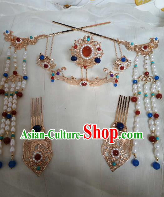 China Ancient Court Woman Tassel Hairpins Traditional Hanfu Hair Accessories Ming Dynasty Golden Hair Combs