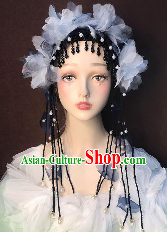 Top Catwalks Tassel Headdress Baroque Bride Black Hair Clasp Stage Show Silk Flowers Hat