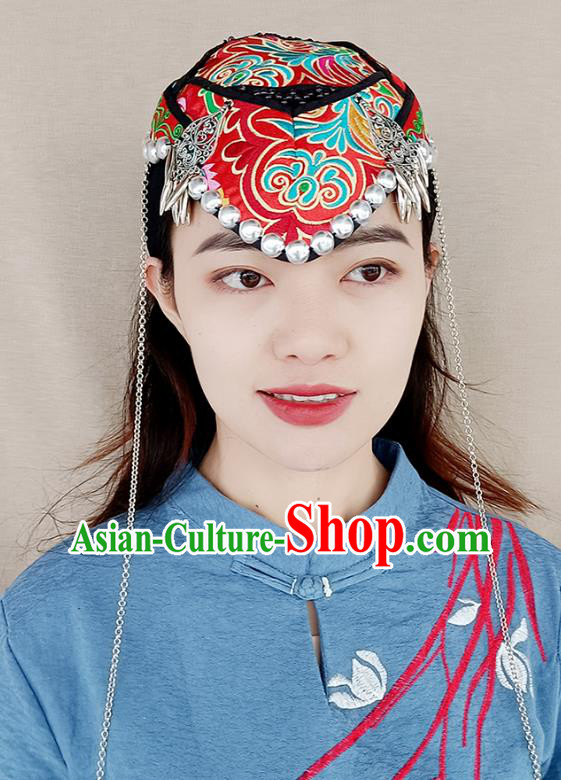 China Ethnic Peacock Dance Hat Handmade Red Cloth Headband Yunnan Minority Woman Embroidered Hair Clasp