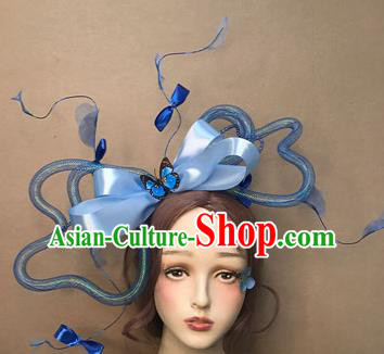Top Stage Show Giant Headdress Catwalks Hair Accessories Cosplay Flowers Fairy Hair Clasp Baroque Bride Blue Bowknot Hair Crown