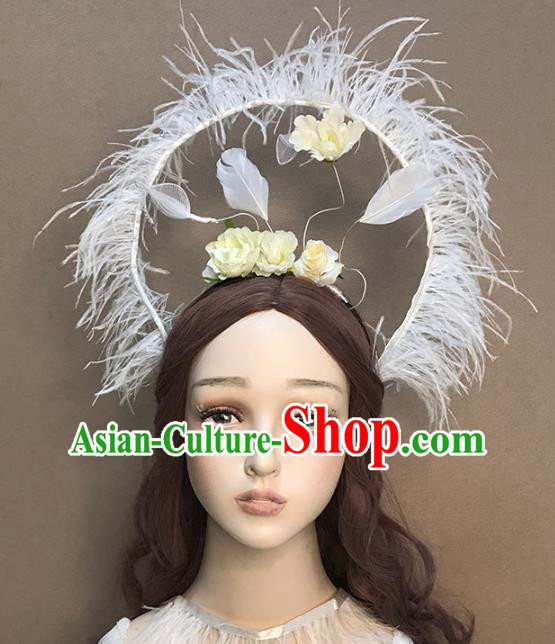 Top Stage Show Headdress Catwalks White Feather Hair Clasp Cosplay Angel Hair Accessories Baroque Giant Hair Crown
