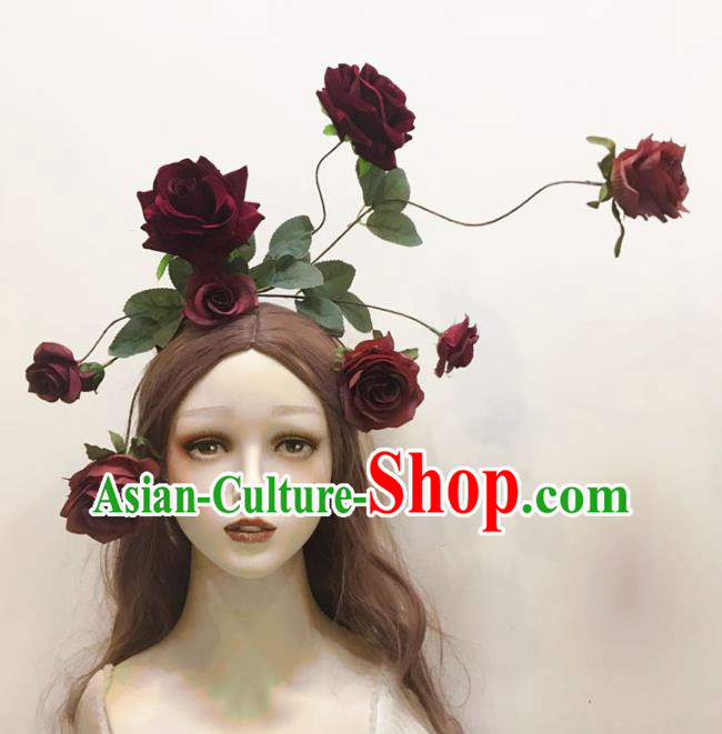 Top Catwalks Dark Red Rose Hair Clasp Cosplay Angel Hair Accessories Gothic Bride Hair Crown Stage Show Giant Headdress