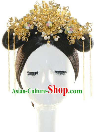 Chinese Qing Dynasty Princess Consort Wigs Sheath Ancient Manchu Lady Hair Chignon Drama Jade Palace Lock Heart Luo Qingchuan Wedding Hair Accessories