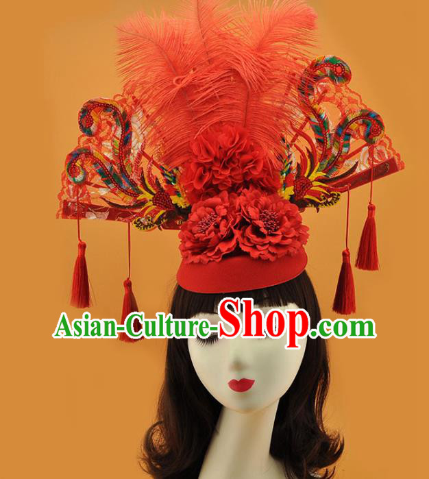 Chinese Catwalks Headdress Stage Show Sequins Phoenix Fan Hair Crown Court Red Feather Hat