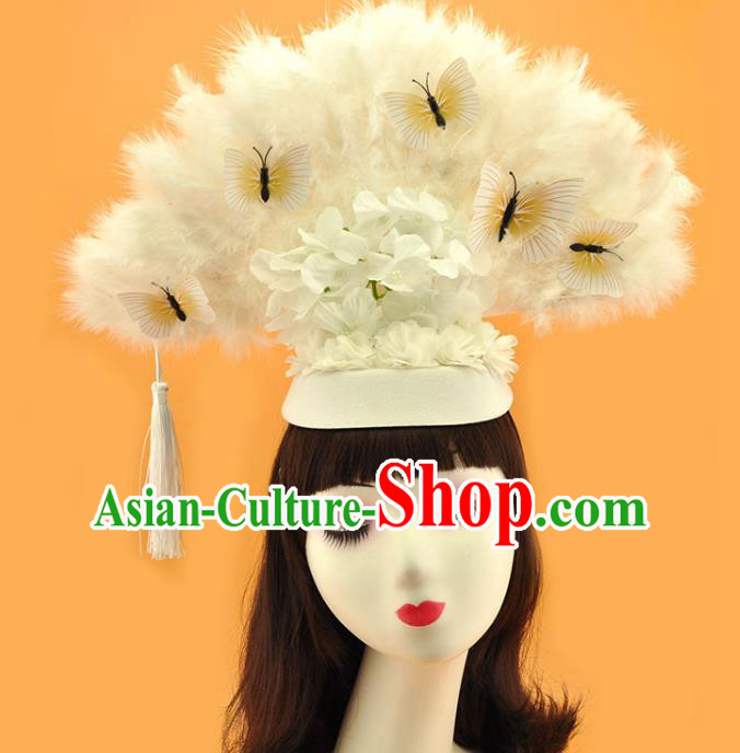 Chinese Court White Feather Fan Top Hat Catwalks Deluxe Headdress Stage Show Butterfly Tassel Hair Crown