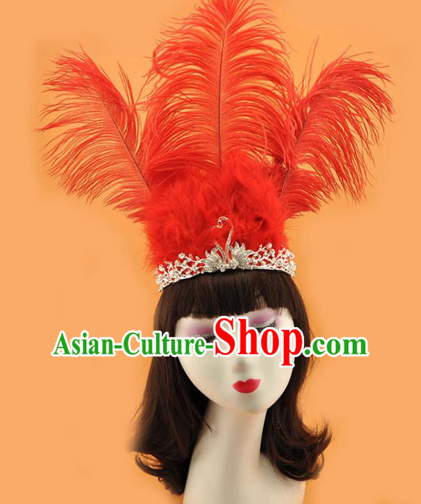 Top Brazilian Carnival Red Feather Royal Crown Halloween Fancy Ball Hair Clasp Gothic Bride Giant Headdress Cosplay Party Hair Accessories