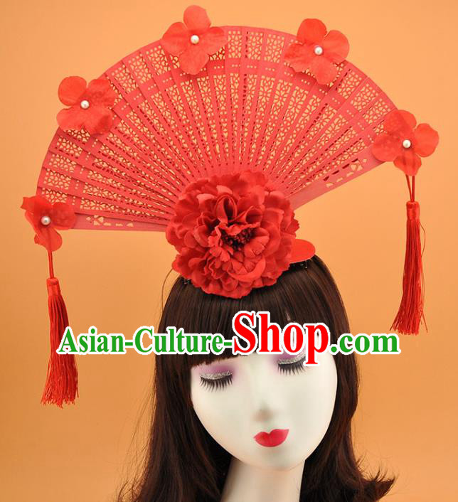 Chinese Court Tassel Top Hat Catwalks Deluxe Headdress Stage Show Red Peony Fan Hair Crown