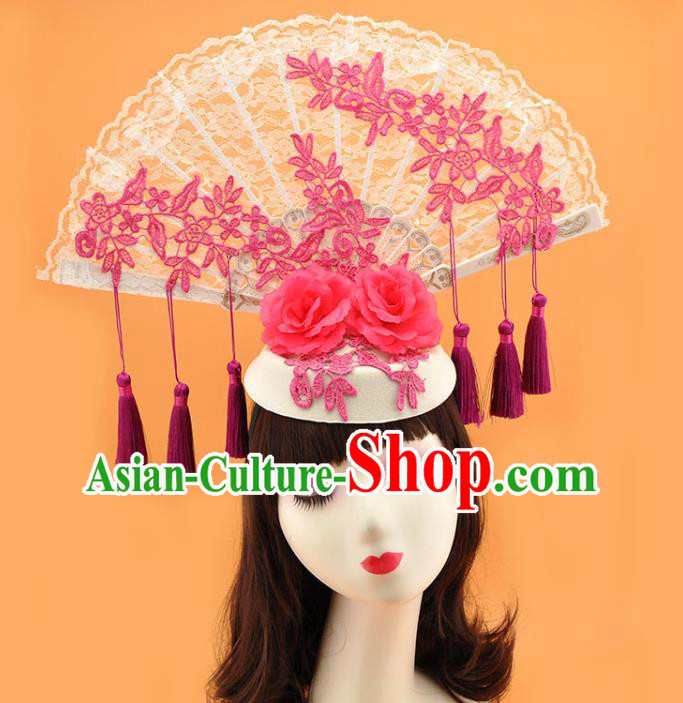 Chinese Catwalks Deluxe Purple Tassel Headdress Stage Show Lace Fan Hair Crown Court Blue and White Porcelain Top Hat